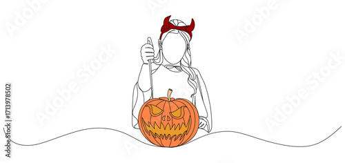 Continuous one line drawing of a girl with devil horns headband carving a scary jack-o’-lantern pumpkin for Halloween