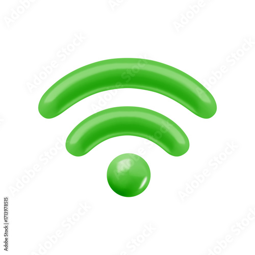 Vector cartoon 3d Wifi sign. 3d Render of green wireless internet signal icon. Plastic router waves network antenna symbol for infographic, web, app, Wi-Fi zone design, game.