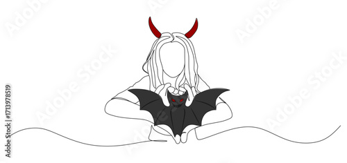 Continuous one line drawing of a girl wearing devil horns headband holding a dark bat with red eyes. Minimalist linear illustration with simple color accent symbolizing Halloween, spooky creatures