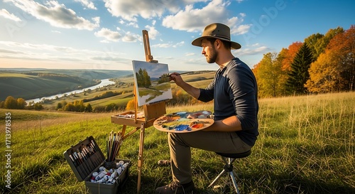 Painter in nature scene.