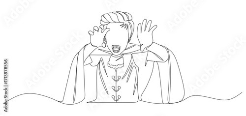 Continuous one line drawing of a vampire character with fangs, cape, and dramatic gesture. Minimalist linear illustration representing Halloween, horror, spooky fantasy, and mythical creatures