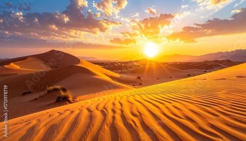 Fototapeta Naklejka Na Ścianę i Meble -  Golden sunset over desert dunes