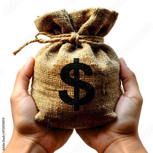 Two Hand holding money sack with dollars sign, mockup in close up isolated on white background