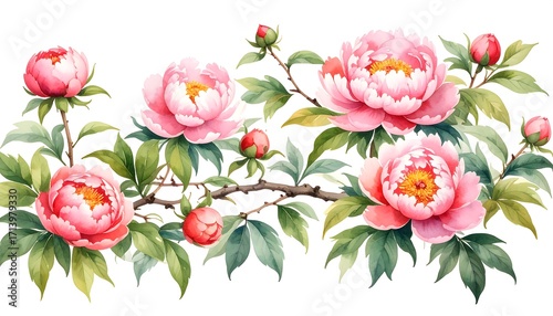 Delicate watercolor illustration of a blossoming peony branch with vibrant pink blossoms and lush green leaves, showcasing a serene and natural aesthetic.