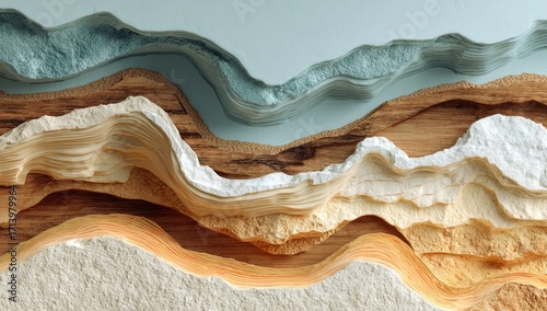Layered geological formations in muted colors.  A cross-section view of abstract strata,  with a light wood-like base and flowing pastel colors