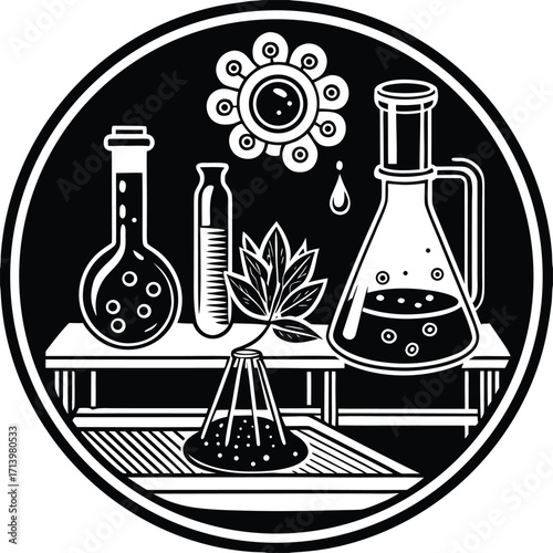 Scientific laboratory research equipment, including glass flasks, beakers, and test tubes, containing colorful chemical liquids
