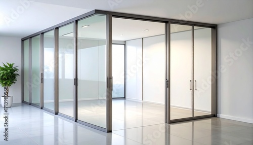 Modern office space animation featuring a contemporary open concept design, showcasing glass walls and an open layout for collaborative workspaces and efficient office layout