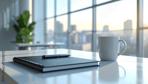 Tranquil morning scene in an open concept office animation with a notebook and coffee on a desk overlooking a sunlit city
