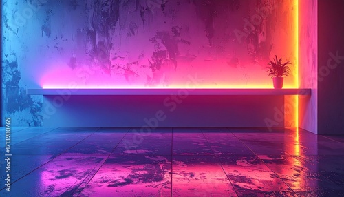 An empty futuristic room with reflective floors and vibrant neon lights, serving as a background for an open concept office animation