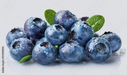Wallpaper Mural Fresh blueberries clustered together, glistening with water droplets, resting on a light gray surface.  Small green leaves are visible amongst the berries Torontodigital.ca