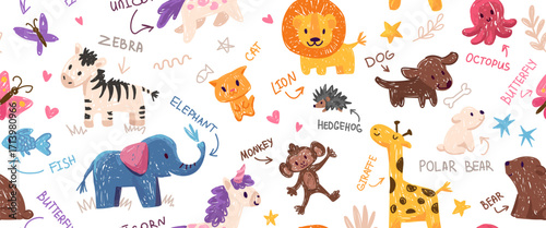 Cute crayon kids seamless pattern with animals, planets, rocket. Hand drawn doodle children drawings. Cute kids background for your design, diploma, certificate. Vector cartoon elements on paper bg
