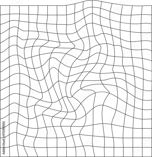 Abstract distorted black grid pattern with wavy flowing lines creating an optical illusion.