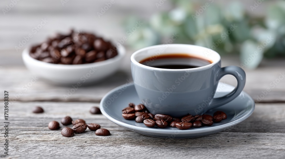 Fototapeta premium Elegant Still Life with Dark Coffee and Roasted Beans on Rustic Wooden Table Under Soft Natural Light
