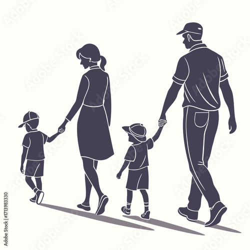 Family Silhouette Holding Hands — Flat Minimalist Vector Illustration of Parents and Children