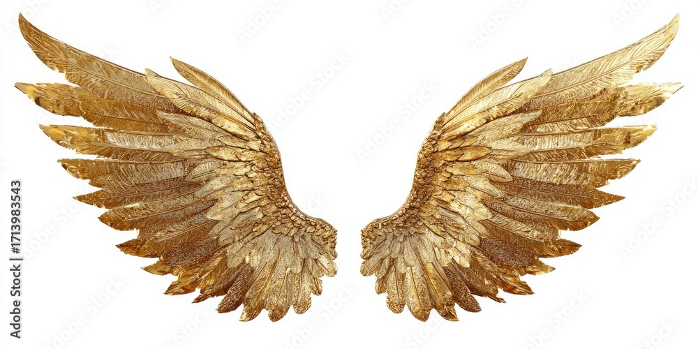 Obraz premium Pair of golden angel wings against a white background. Detailed depiction of intricate golden wing feathers