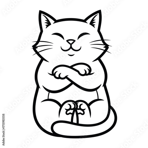 Serene Cat's Daydream: An endearing cartoon cat, seated calmly with paws crossed, embodies tranquility, featuring its peaceful smile.