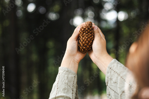 Closeup woman hand with pine cone in woodland nature.