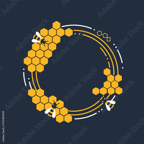 The intricate design of a circular honeycomb with bees and decorative elements is a beautiful representation of nature's engineering marvel.