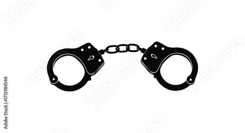 A stark black and white illustration of a pair of metal handcuffs