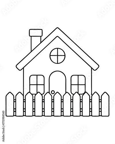 Simple house with picket fence line art home building