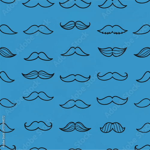 Pattern of various black mustaches on a bright blue background in a seamless design