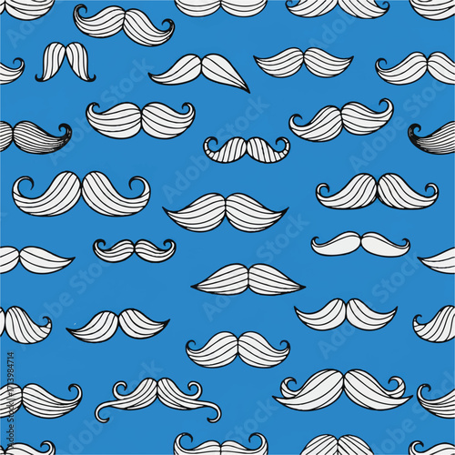 Seamless pattern of various white mustaches with black outlines on a blue background, featuring different styles and shapes in a repeating design.