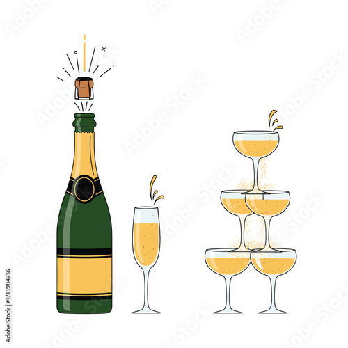 Celebration sparkling wine bottle and champagne glasses tower for festive events.