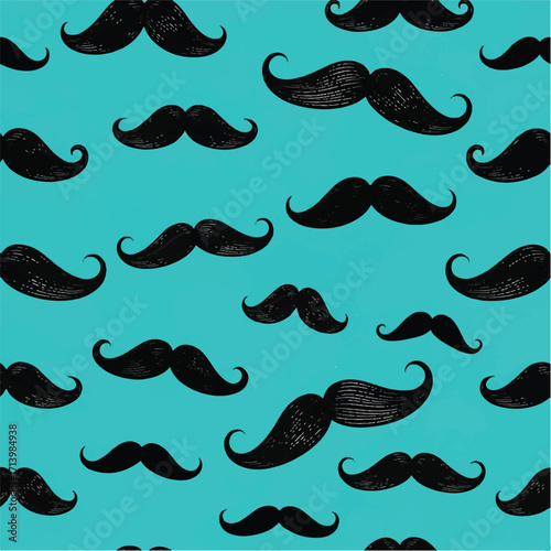 Pattern of multiple black mustaches on a teal background with a playful and quirky mood.