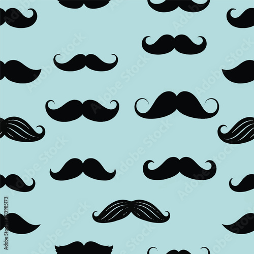 Seamless pattern of various black mustaches on a light blue background with a playful and whimsical mood.