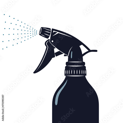 A dark spray bottle is shown dispensing a fine mist of droplets.