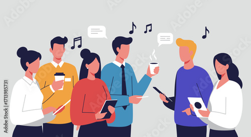 A contemporary flat design illustration depicting music industry professionals networking and exchanging ideas at Amsterdam Dance Event.