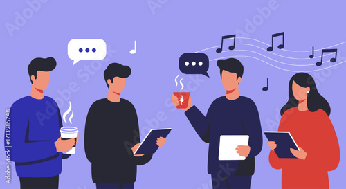 A contemporary flat design illustration depicting music industry professionals networking and exchanging ideas at Amsterdam Dance Event.