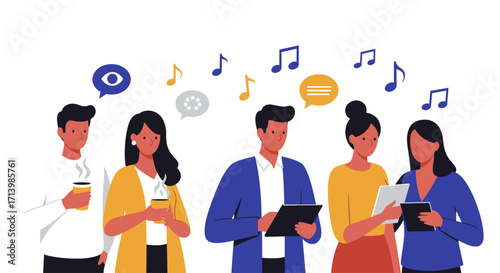 A contemporary flat design illustration depicting music industry professionals networking and exchanging ideas at Amsterdam Dance Event.
