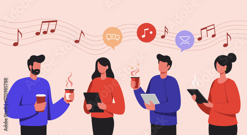 A contemporary flat design illustration depicting music industry professionals networking and exchanging ideas at Amsterdam Dance Event.