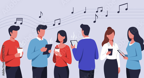 A contemporary flat design illustration depicting music industry professionals networking and exchanging ideas at Amsterdam Dance Event.