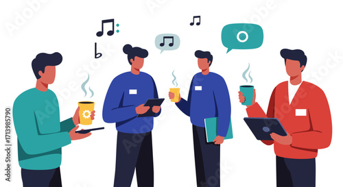 A contemporary flat design illustration depicting music industry professionals networking and exchanging ideas at Amsterdam Dance Event.