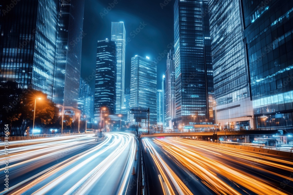 Obraz premium High-speed nightlife: streaking lights and soaring skyscrapers in a fast-paced urban metropolis