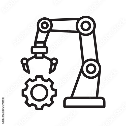 Robotic Arm with Gear Line Icon, Industrial Manufacturing and Automation Technology Vector Symbol
