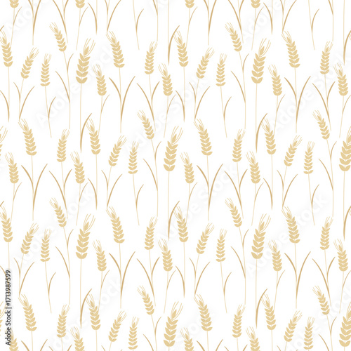 Seamless pattern with ripe ears of cereal crops. Background of golden ears of wheat, rye, barley, or millet. Agricultural print for packaging, design, vector graphic