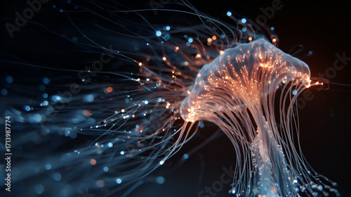 Glowing jellyfish with tendrils and bright lights against a dark background in a close up view