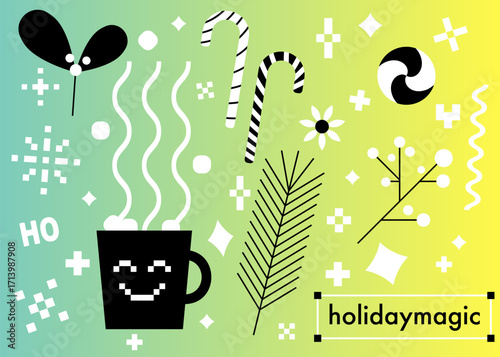 Cozy Christmas minimalist background. Winter season pattern with a cup of hot delicious drink, flowers, sparkles, stars, candy cane on yellow green gradient bg. Scandi and hygge minimal design