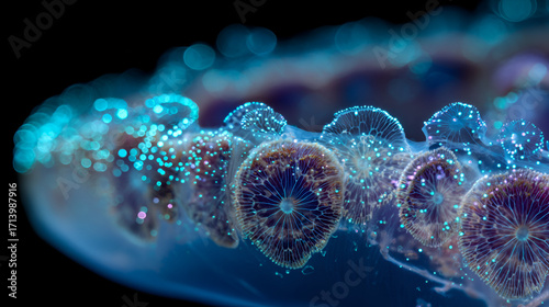 Close up of a row of translucent sea creatures with glowing blue spots in a dark environment