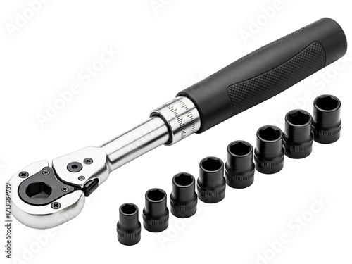 Adjustable torque wrench and a set of black socket heads on a transparent background