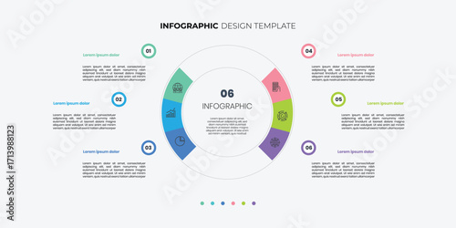 infographic label design with circle infographic template design and 6 options or steps. Can be used for process diagram, presentations, workflow layout, banner, flow chart, info graph.