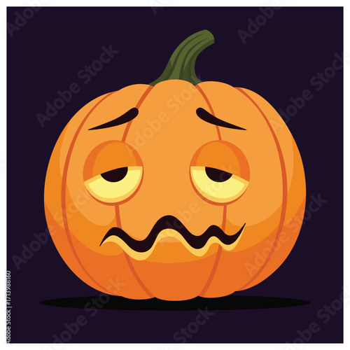Cartoon illustration of a sad or tired jack-o'-lantern pumpkin with droopy eyes and a wavy mouth against a dark background.