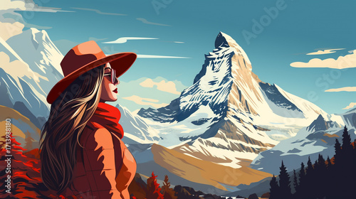 Modern woman enjoying the breathtaking Matterhorn in Switzerland