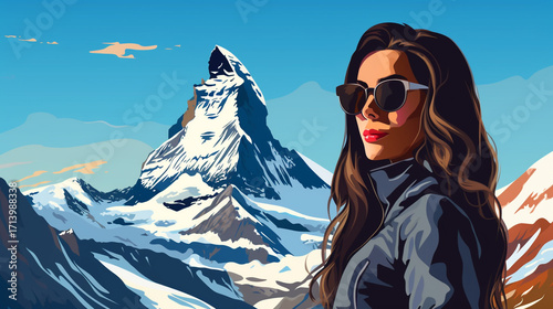Alpine Elegance. Stylish Woman at the Swiss Alps wearing Blue Jacket