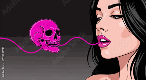 Pop art portrait of a woman with a skull isolated on white background, showcasing a vibrant and edgy aesthetic with a touch of dark humor