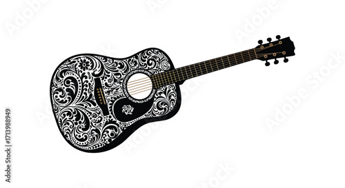 Intricate black and white floral pattern adorns a beautiful acoustic guitar