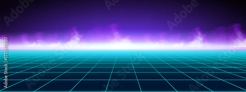 Grid neon game background with smoke cyberpunk retro purple digital wave. Blue space line synthwave light wallpaper pink or vaporwave 80s. Future retrowave banner metaverse laser music vector.